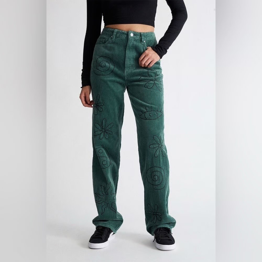 PacSun 90s Boyfriend Corduroy Streetwear Pants Green Embroidered Size 24